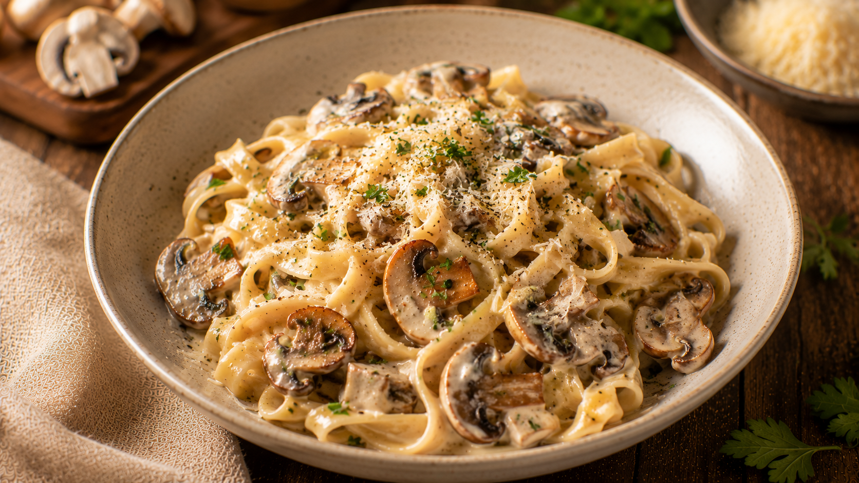 Pâtes aux champignons ail et crème